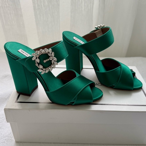 Tabitha Simmons Reyner Emerald Satin Block Heels - Picture 6 of 14